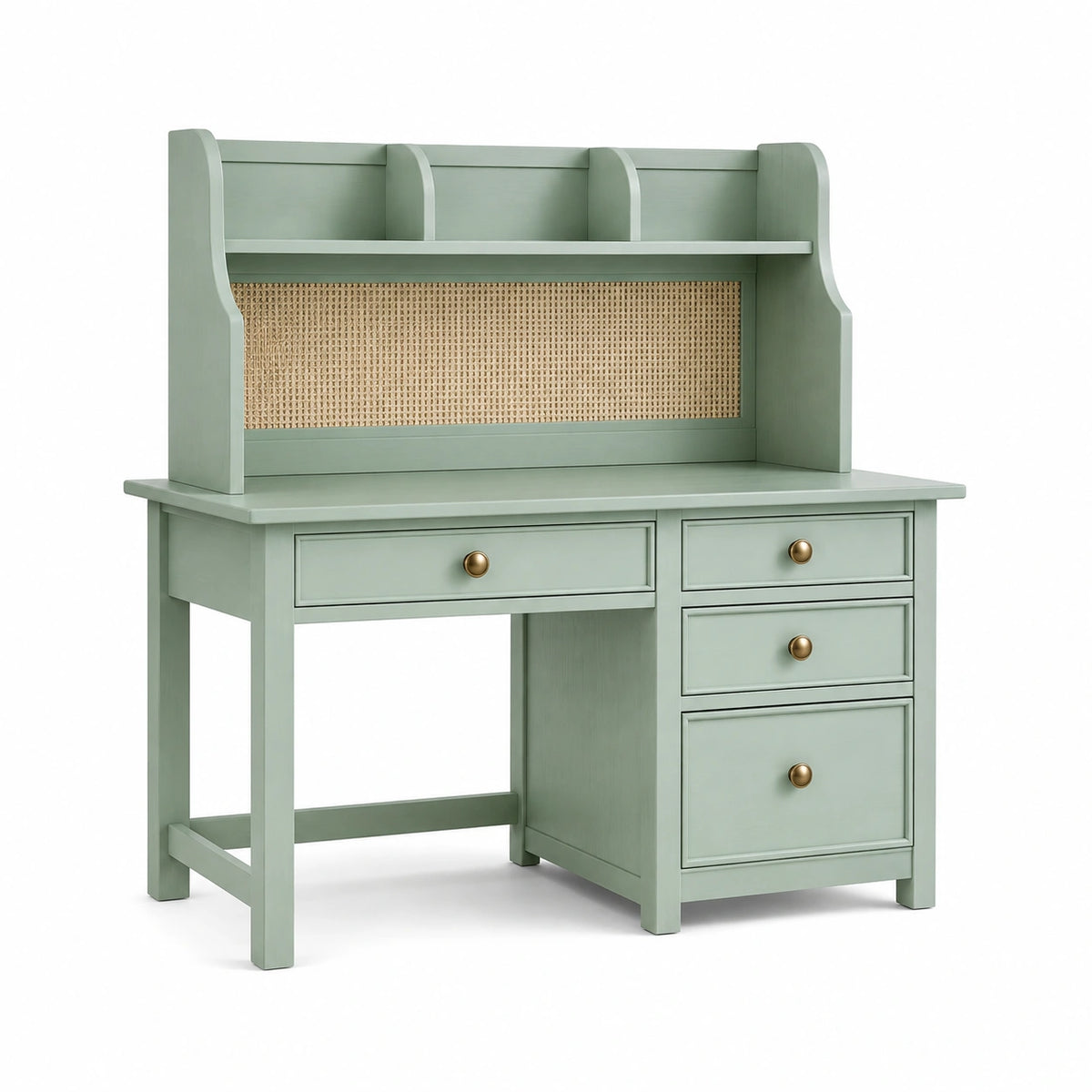 Bureau enfant 100 x 55 x 150 cm en bois vert sauge avec rangement et cannage