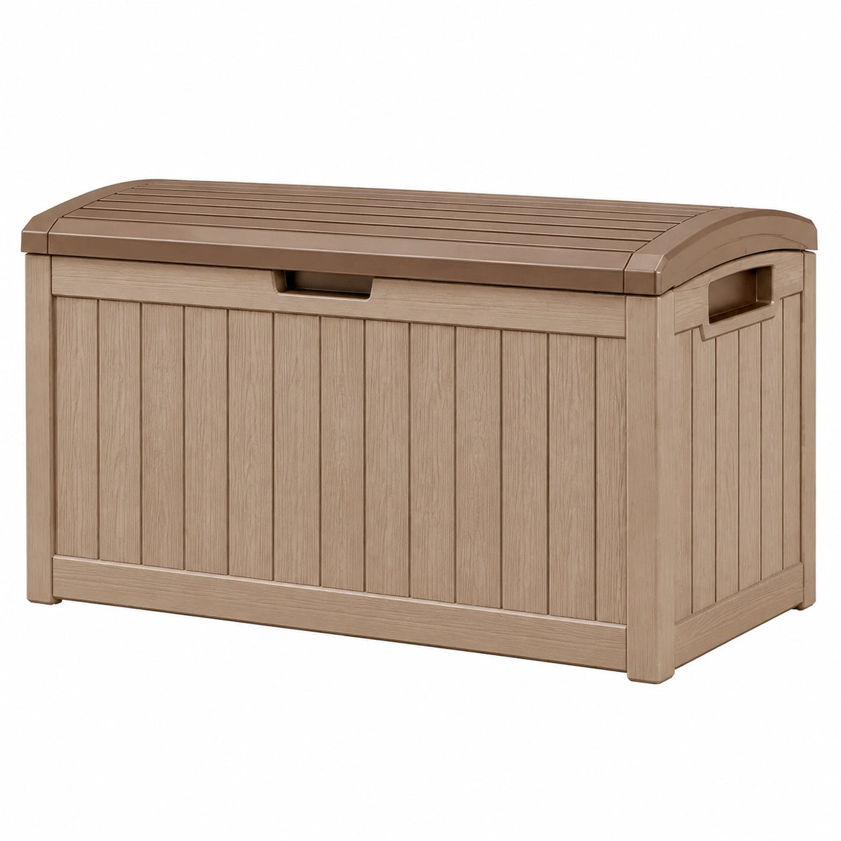 Coffre de rangement extérieur 120 x 62 x 63 cm en résine beige et brun avec couvercle à lattes