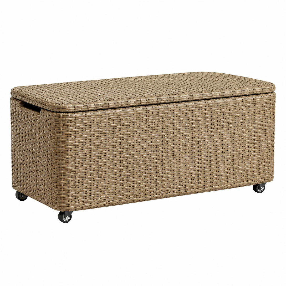Coffre de rangement 120 cm en résine tressée beige avec roulettes