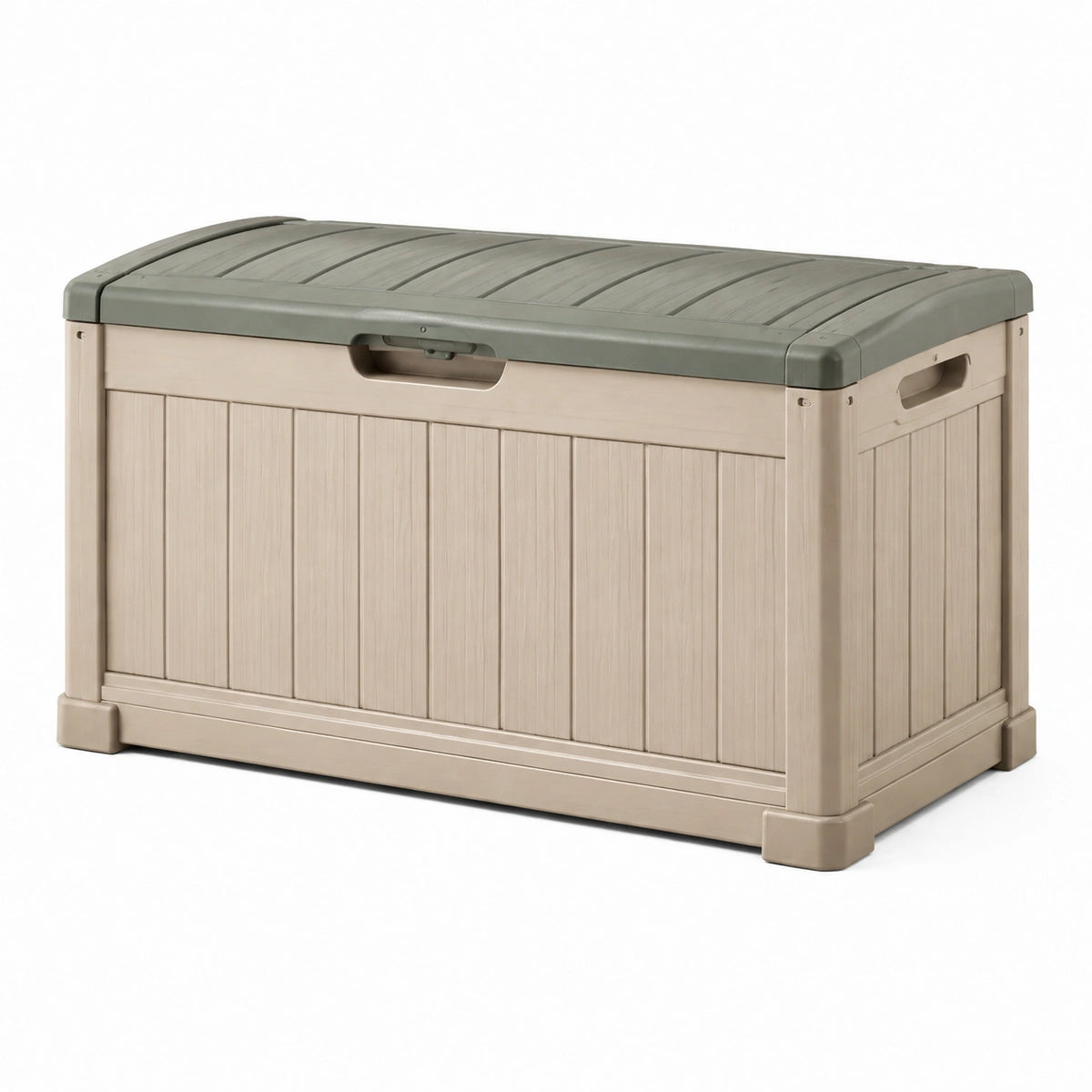 Coffre de rangement extérieur 120 x 60 x 65 cm en résine beige et vert olive avec couvercle