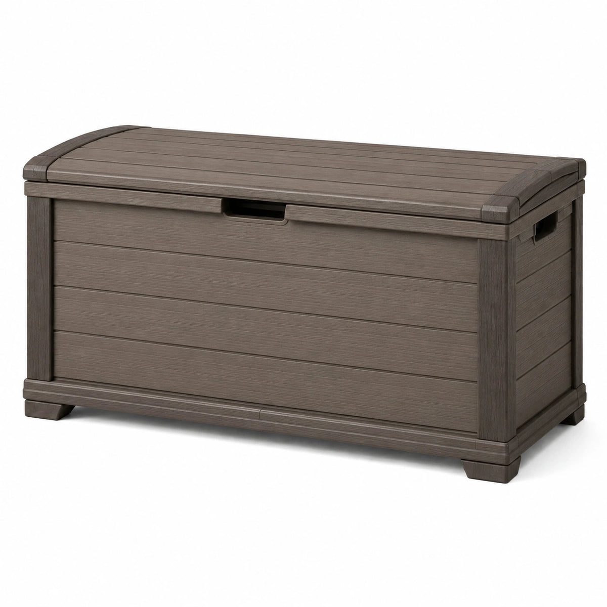 Coffre de rangement extérieur 120 cm en résine gris brun avec couvercle style bois
