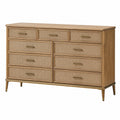 Commode 160 cm en bois brun avec 9 tiroirs en cannage style rétro