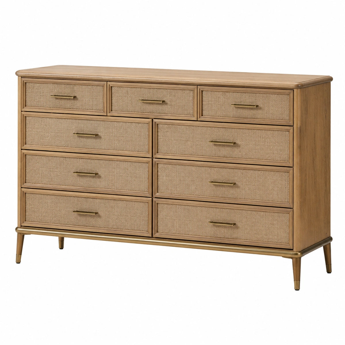 Commode 160 cm en bois brun avec 9 tiroirs en cannage style rétro