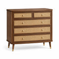 Commode 100 x 45 x 95 cm en bois brun et cannage rotin - 5 tiroirs style rétro
