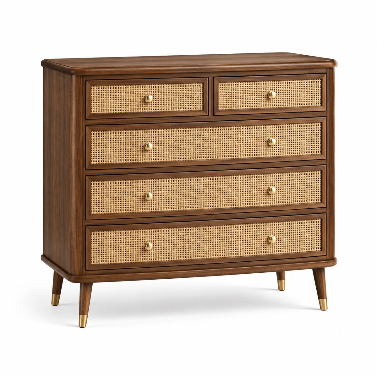 Commode 100 x 45 x 95 cm en bois brun et cannage rotin - 5 tiroirs style rétro