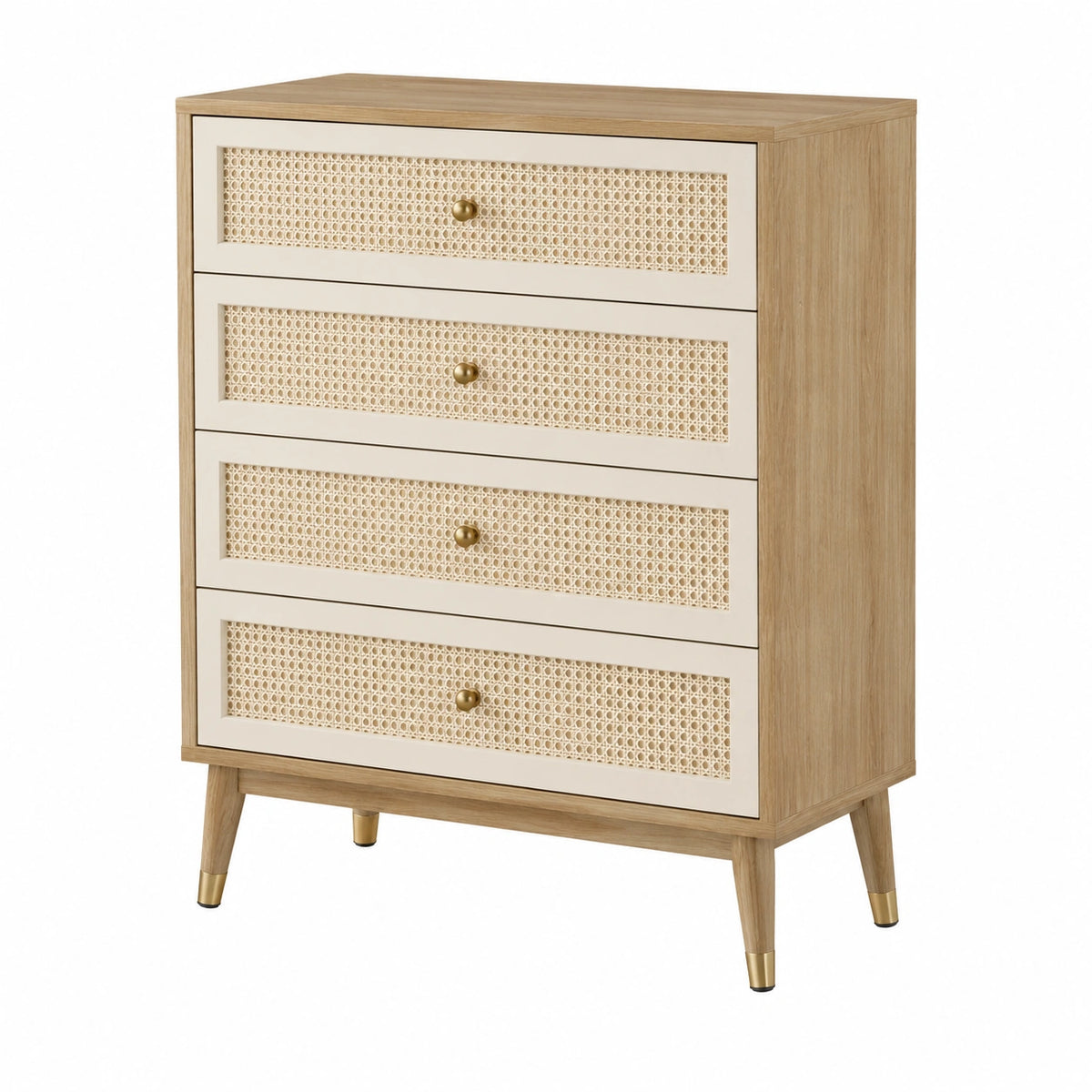 Commode 80 x 40 x 100 cm effet bois naturel et beige avec 4 tiroirs cannés style vintage