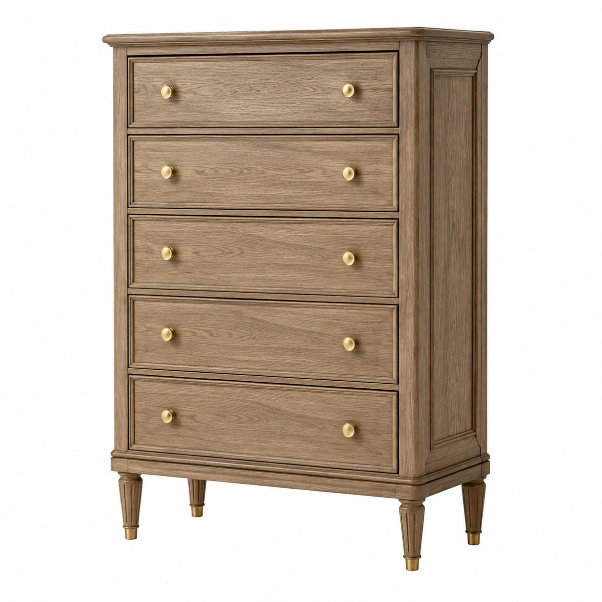 Commode 100 x 50 x 140 cm en bois brun clair à 5 tiroirs style classique