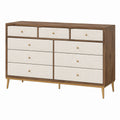 Commode 160 x 45 x 90 cm en bois noyer et tissu beige à 9 tiroirs style moderne