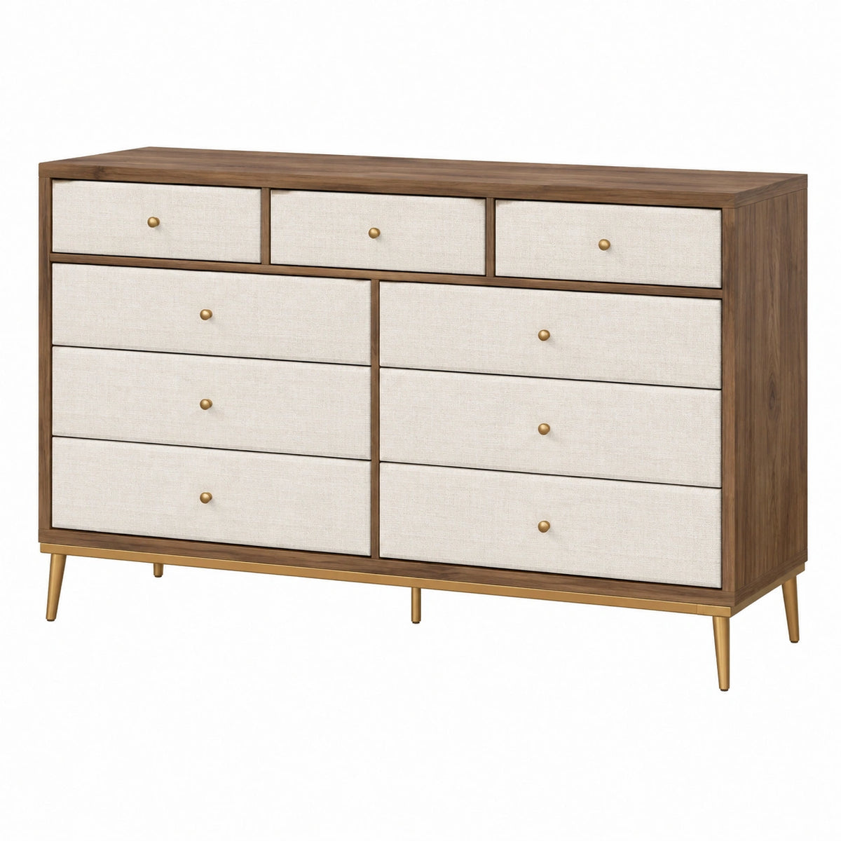 Commode 160 x 45 x 90 cm en bois noyer et tissu beige à 9 tiroirs style moderne