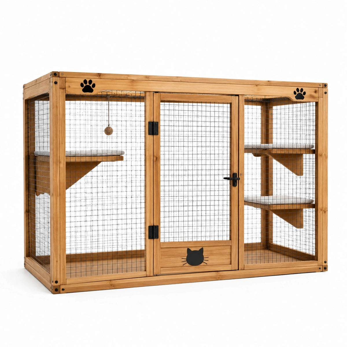 Enclos pour chat 120 x 60 x 120 cm en bois naturel avec grille métallique et plateformes