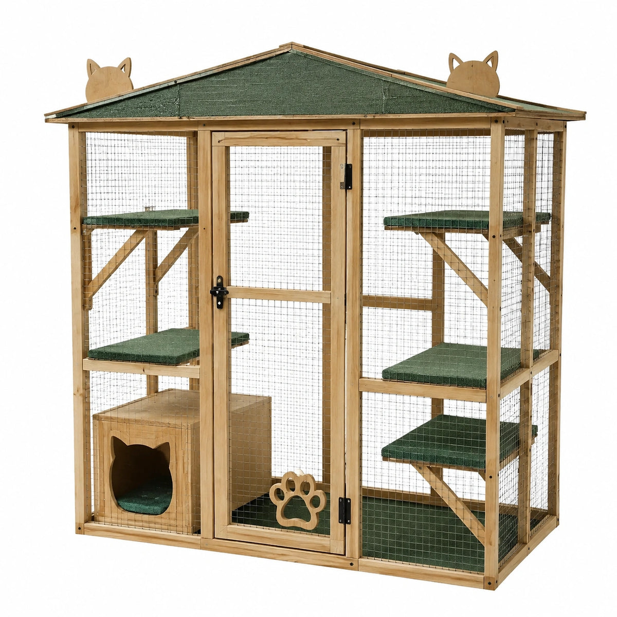 Enclos pour chat 120 x 80 x 180 cm en bois naturel et métal vert avec plateformes et niche