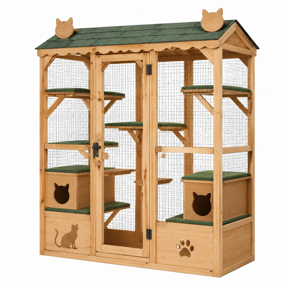 Enclos extérieur pour chats 180 x 100 x 200 cm en bois naturel vert avec plateformes abri et toit