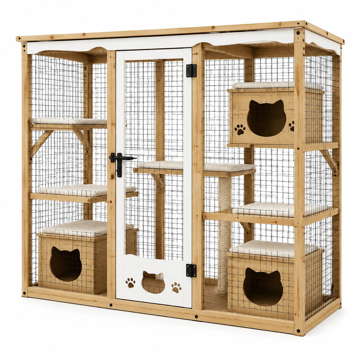 Enclos pour chat 120 x 60 x 120 cm en bois naturel et métal avec plateformes et niches