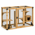 Enclos pour chat 120 x 60 x 120 cm en bois naturel et maille métallique avec plateformes