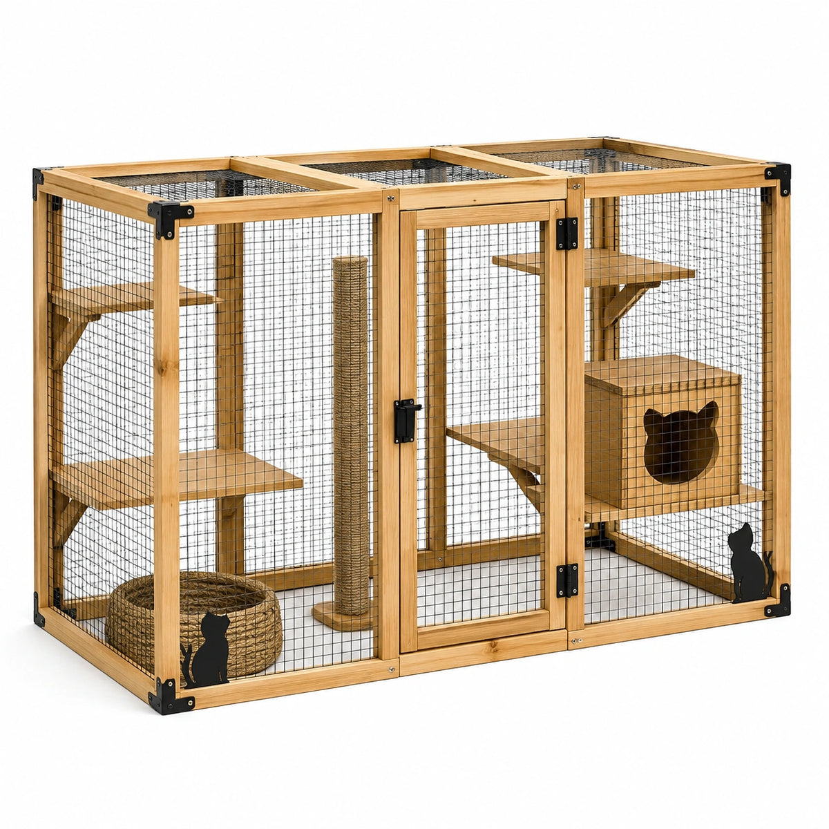 Enclos pour chat 120 x 60 x 120 cm en bois naturel et maille métallique avec plateformes