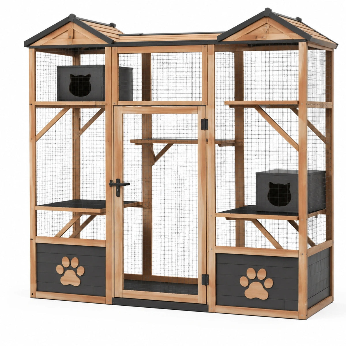 Enclos pour chats 180 x 90 x 180 cm en bois naturel et métal noir avec toit et plateformes