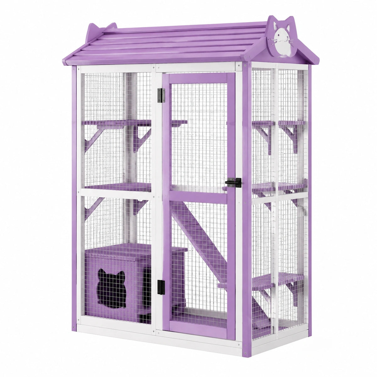 Enclos pour chat 90 x 60 x 150 cm violet et blanc en bois avec grillage et plateformes