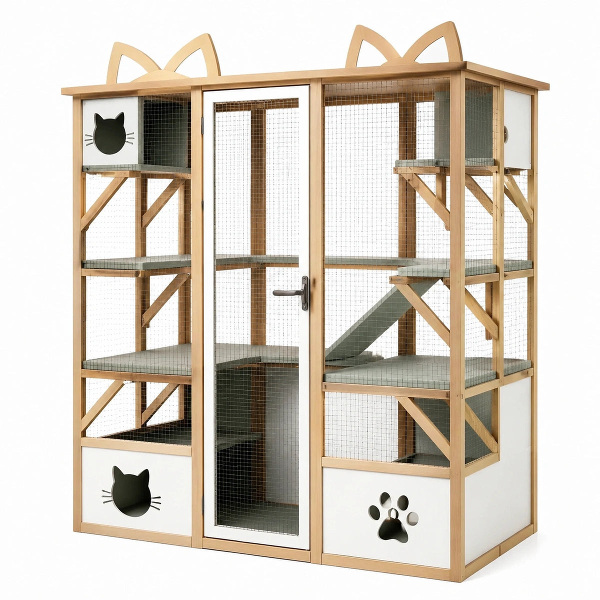 Enclos pour chat 120 x 70 x 180 cm en bois naturel et métal avec niveaux
