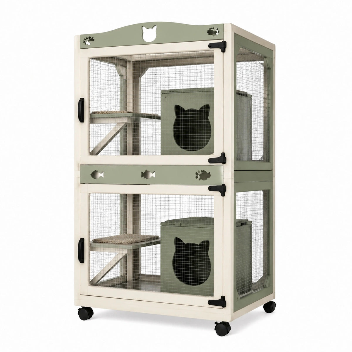 Cage pour chat 80 x 60 x 130 cm en bois et métal vert et blanc à roulettes