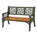 Banc de jardin 122 cm métal et bois marron vert avec accoudoirs motif arbre