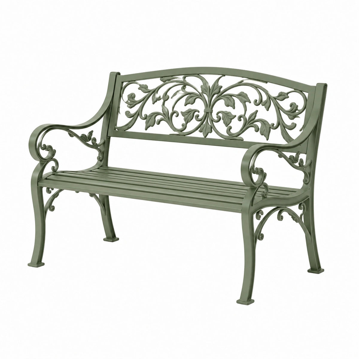 Banc de jardin 122 cm en métal vert à dossier ajouré style classique