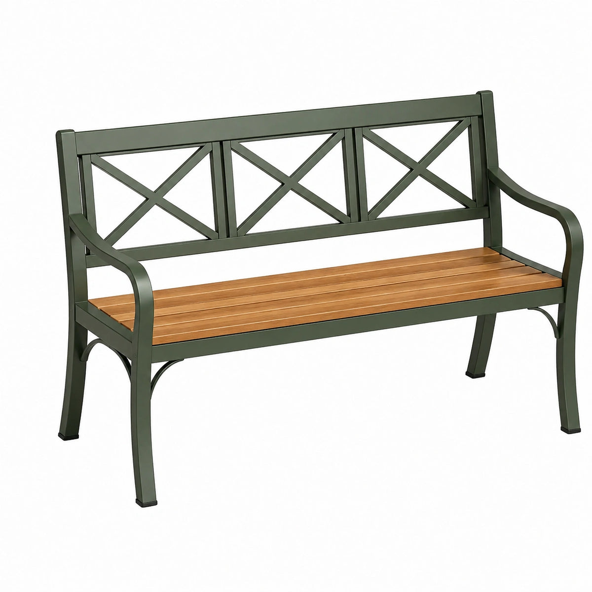 Banc de jardin 122 x 60 x 91 cm en acier et bois vert marron avec accoudoirs style classique
