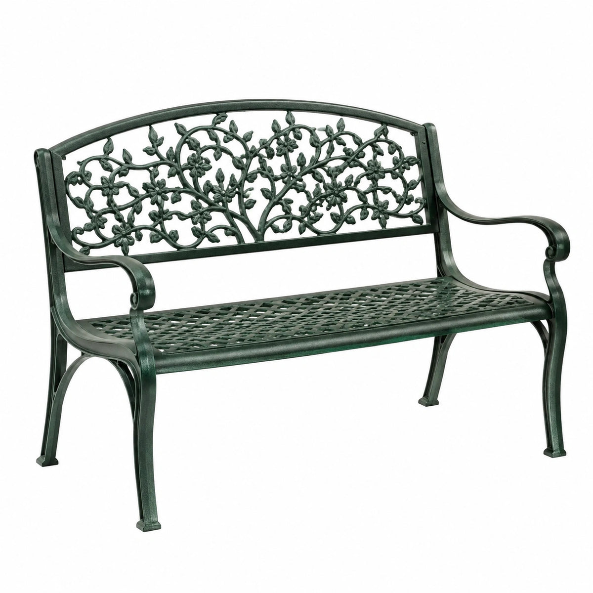 Banc de jardin 122 cm en aluminium vert foncé style classique à motifs floraux